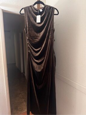 Divided Brown Velvet Draped Maxi Dress